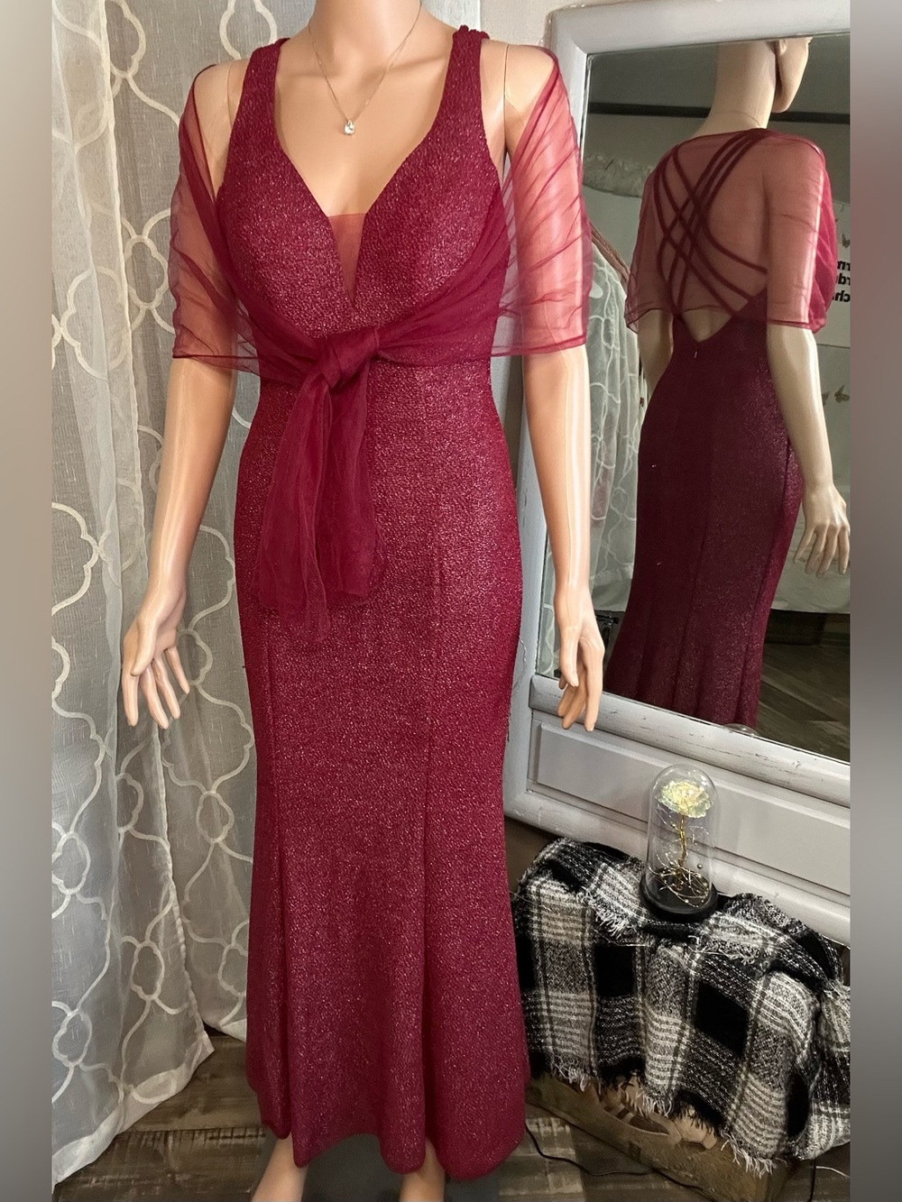 Elegant Burgundy Maxi Dress with Sheer Tie Shrug